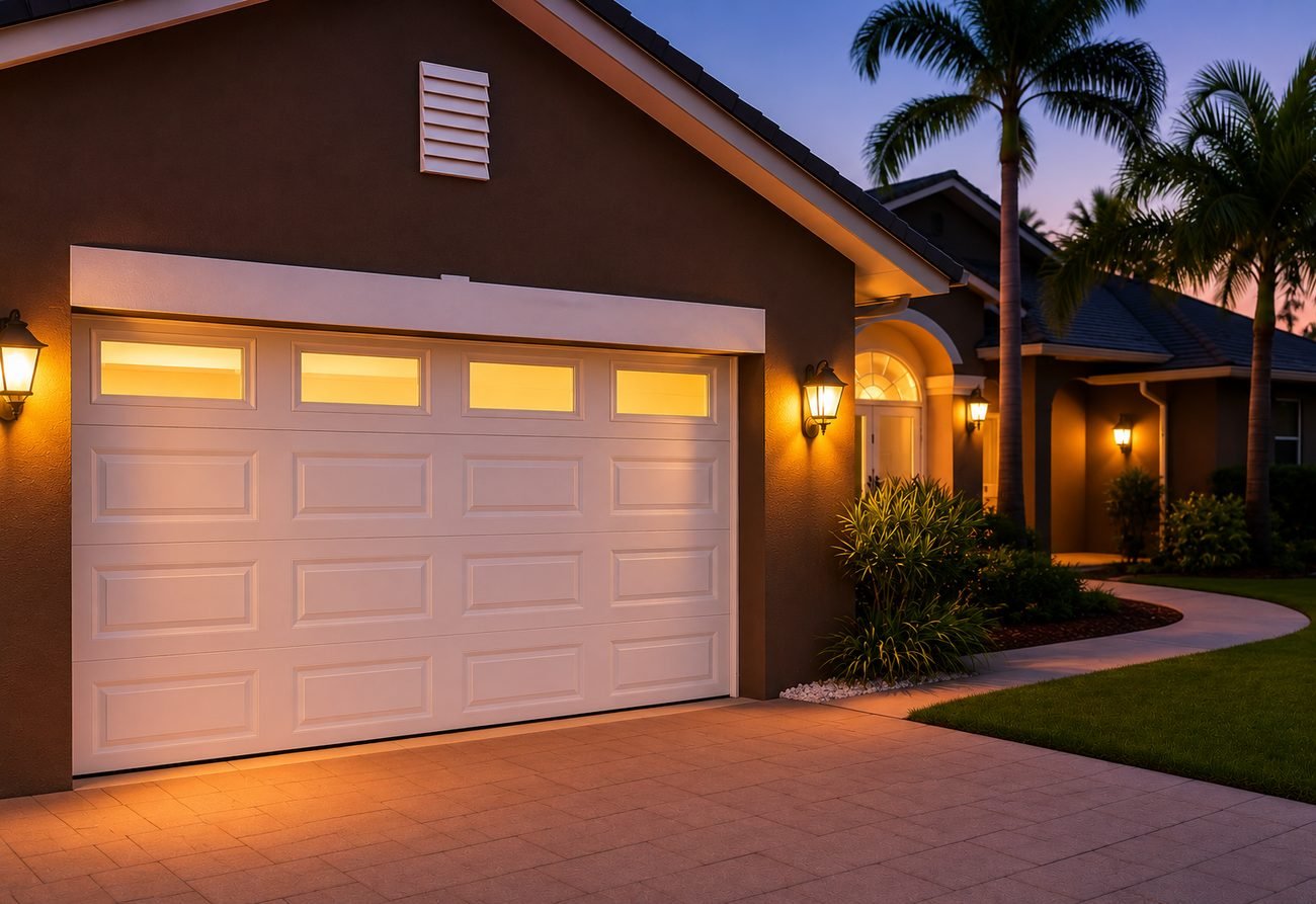 Garage door on a Hollywood, Florida home at dusk